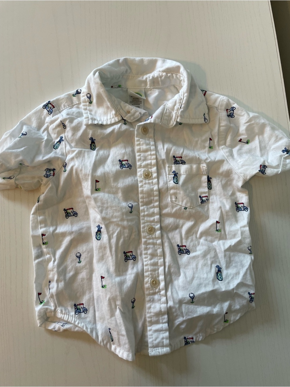 Little Me White Short-Sleeve Button-Down Shirt with Golf Cart Print